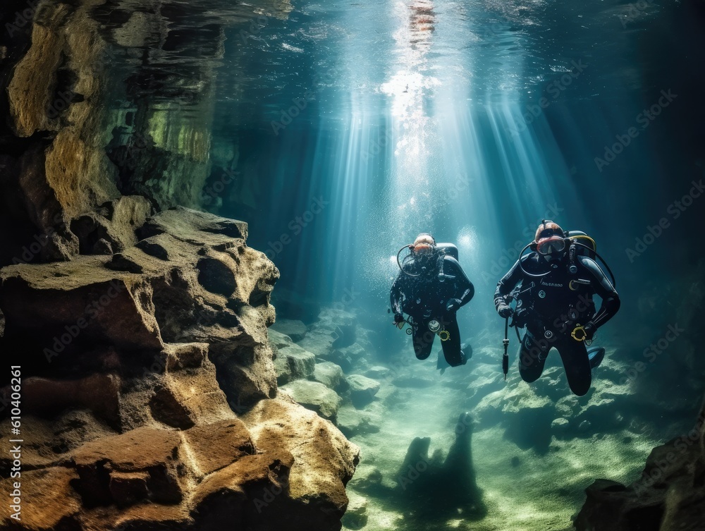 diving deep in a underwater cave for exploration