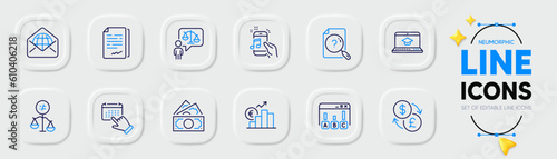 Website education, Euro rate and Event click line icons for web app. Pack of Document signature, Lawyer, Money pictogram icons. Discrimination, Web mail, Currency exchange signs. Vector