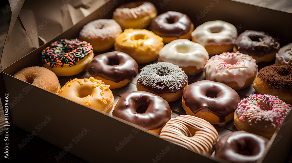 Donuts, donut, box of donuts, delicious donuts - Generative AI