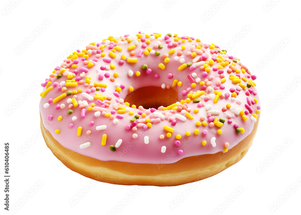 Pink donut with sprinkles isolated on transparent background. PNG format Pink donut with sprinkles isolated on transparent background. PNG format