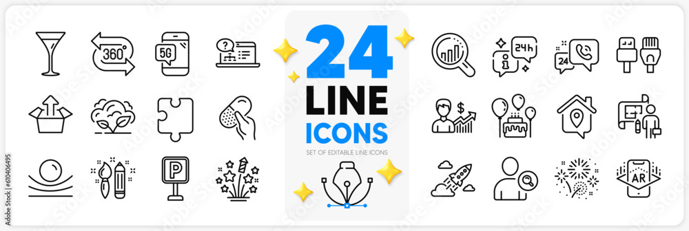 Icons set of Work home, Seo analysis and Parking line icons pack for app with Capsule pill, Fireworks stars, Find user thin outline icon. Business growth, Startup rocket, Creativity pictogram. Vector