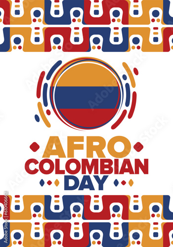 Afro-Colombian Day in Colombia. Celebrate annual in May 21. Freedom day poster. National holiday. Colombian flag. Afro-Colombian culture  history and heritage. Tradition pattern. Vector illustration