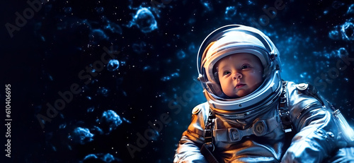 Fantasy, Little Astronaut's Journey. Baby in Space Suit Explores the Wonders of the Universe in a Captivating Poster. Generative AI