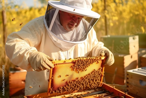 The beekeeper collects honey from the honeycombs in the apiary. Generative AI