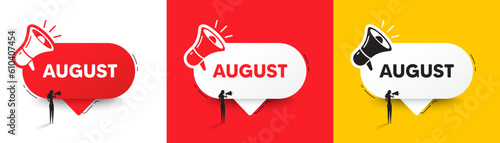 August month icon. Speech bubble with megaphone and woman silhouette. Event schedule Aug date. Meeting appointment planner. August chat speech message. Woman with megaphone. Vector