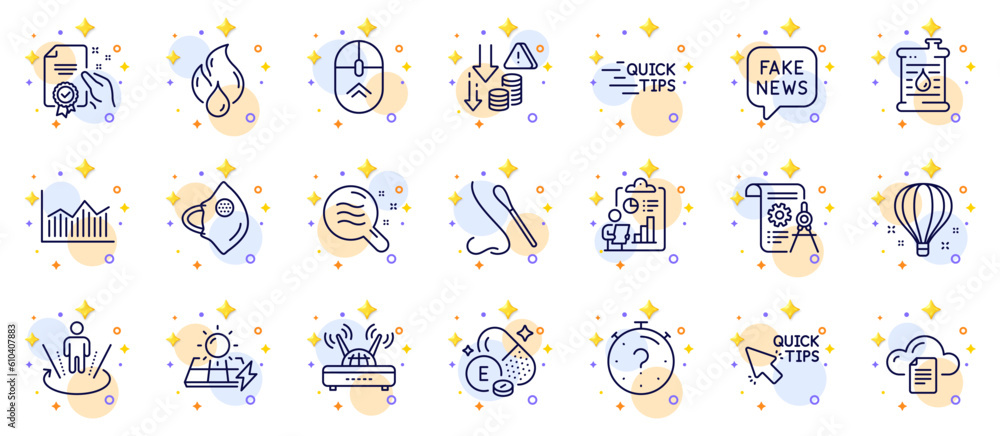 Outline set of Certificate, Nasal test and Augmented reality line icons for web app. Include Oil barrel, Air balloon, Quick tips pictogram icons. Report, Medical mask, Money diagram signs. Vector