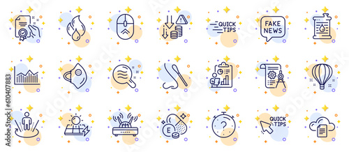 Outline set of Certificate, Nasal test and Augmented reality line icons for web app. Include Oil barrel, Air balloon, Quick tips pictogram icons. Report, Medical mask, Money diagram signs. Vector