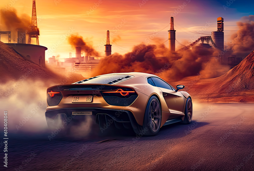 a sports car shows smoke coming out in the desert, generative ai