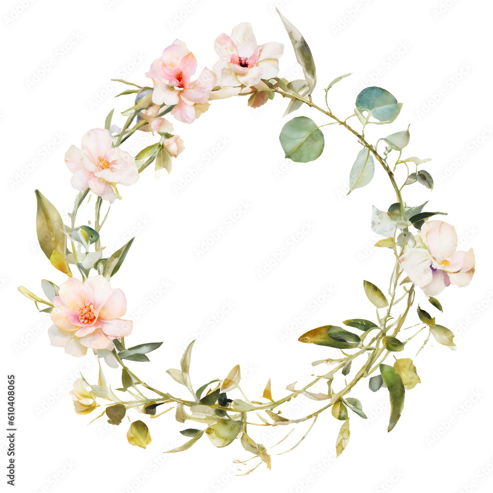 Watercolor illustration of  flower wreath, frame,  Floral arrangment graphic for wedding invitations, card, logo design. Generative AI.