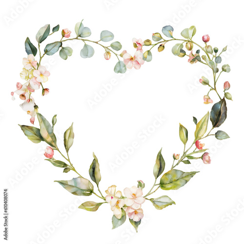 Watercolor illustration of  heart-shaped flower wreath, frame,  Floral arrangment graphic for wedding invitations, card, logo design. Generative AI. photo