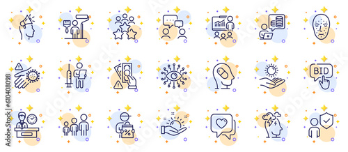 Outline set of Vaccination announcement, Delivery discount and Depression treatment line icons for web app. Include People chatting, Stress, Face biometrics pictogram icons. Vector