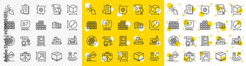 Outline Inspect, Delivery box and Boxes shelf line icons pack for web with Square area, Gas station, Cable section line icon. Wholesale goods, Brush, Entrance pictogram icon. Vector