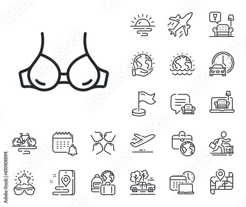 Breast lingerie sign. Plane jet, travel map and baggage claim outline icons. Bra brassiere line icon. Women chest underwear symbol. Bra line sign. Car rental, taxi transport icon. Vector