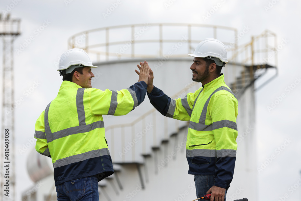 Railway engineer with green safety jacket high five together for job succesful, Railway engineer with green safety jacket high five together for job successful Railway engineer with green safety jacket high five together for job succesful, Railway engineer with green safety jacket high five together for job successful