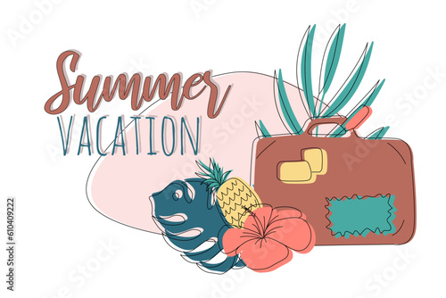 Vector summer cartoon illustration with suitcase, tropical leaves, ananas and hibiscus flower and lettering ‘Summer vacation’. For print, poster, design and card.