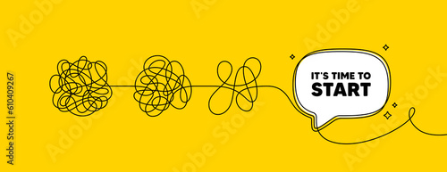 It is time to start tag. Simplify complex process with speech bubble. Special offer sign. Advertising discounts symbol. Time to start speech bubble message. Tangle chaos. Easy solution. Vector