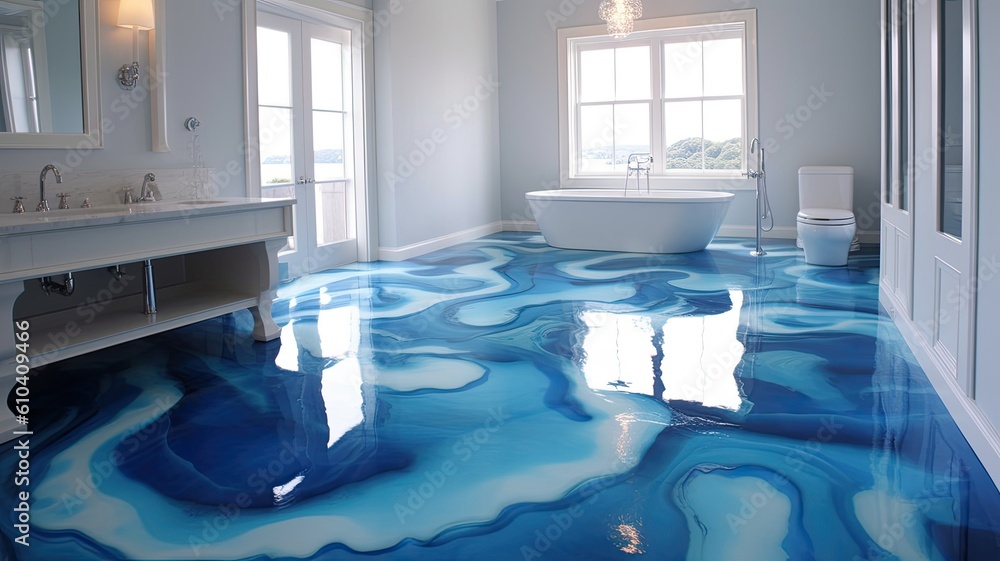 Modern bathroom with spectacular epoxy resin floor which you will definitely not find in every house. Generative AI Technology  - obrazy, fototapety, plakaty 