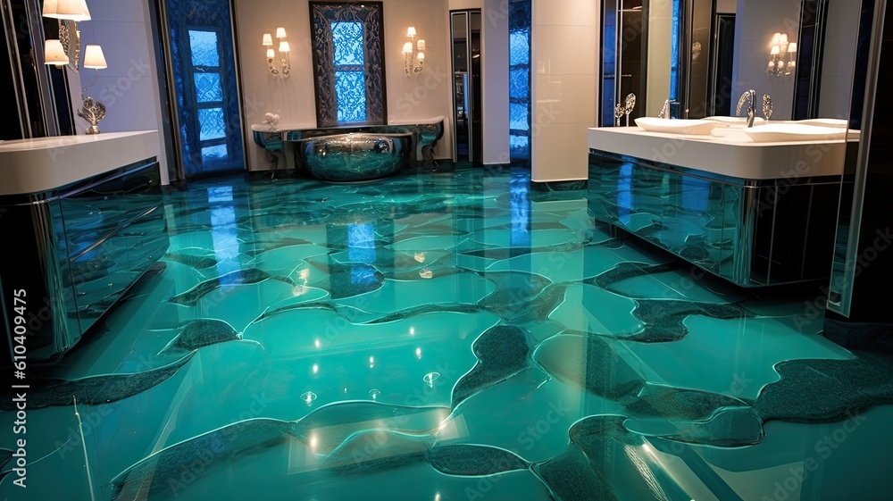 Modern bathroom with spectacular epoxy resin floor which you will definitely not find in every house. Generative AI Technology  - obrazy, fototapety, plakaty 