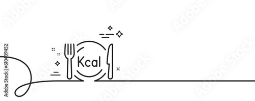 Calories line icon. Continuous one line with curl. Diet kcal sign. Low calorie food symbol. Calories single outline ribbon. Loop curve pattern. Vector