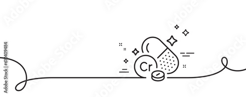 Chromium mineral line icon. Continuous one line with curl. Chemical element Cr sign. Capsule or pill symbol. Chromium mineral single outline ribbon. Loop curve pattern. Vector