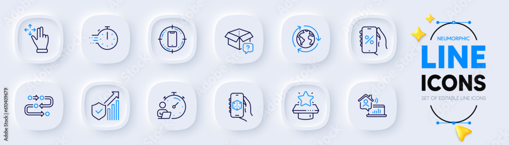 Discounts app, Timer and Cooking timer line icons for web app. Pack of Methodology, Security statistics, Smartphone target pictogram icons. Move gesture, Secret package, 3d app signs. Vector