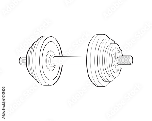 Heavy sport dumbbell for gymnastics, outline sketch vector isolated with white background.