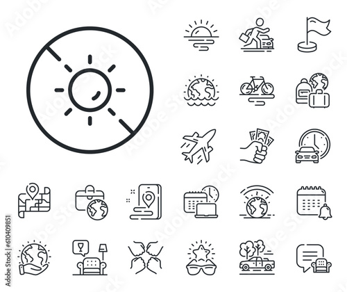 Uv protect sign. Plane jet, travel map and baggage claim outline icons. No sun line icon. Sunscreen effect symbol. No sun line sign. Car rental, taxi transport icon. Place location. Vector
