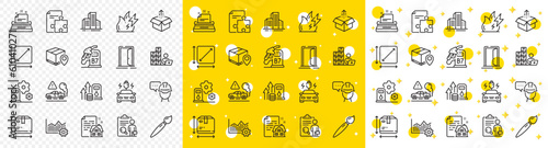 Outline Send box, Box size and Operational excellence line icons pack for web with Open door, Fuel price, Lease contract line icon. Filling station, Exhaust, Square area pictogram icon. Vector