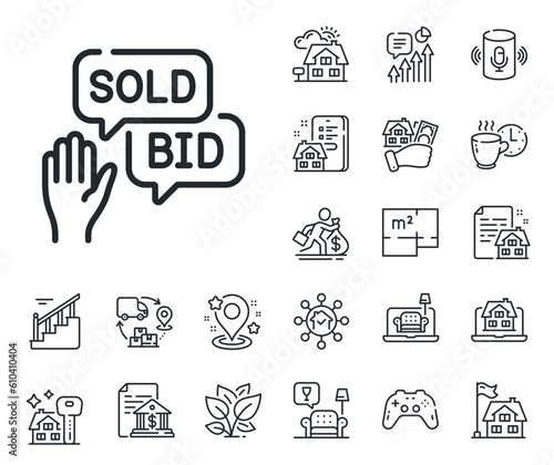 Auction sign. Floor plan, stairs and lounge room outline icons. Bid offer line icon. Raise the price up symbol. Bid offer line sign. House mortgage, sell building icon. Real estate. Vector