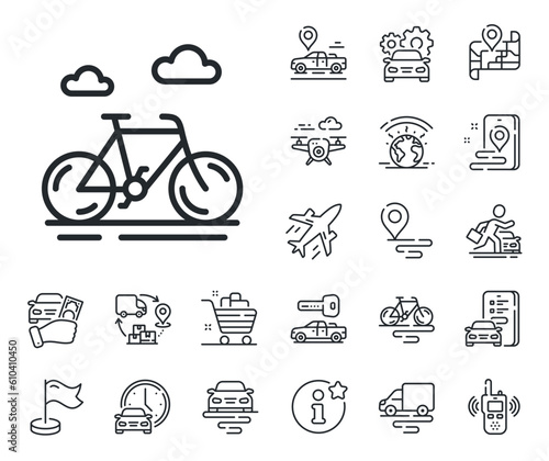 City bicycle transport sign. Plane, supply chain and place location outline icons. Bike line icon. Outdoor transportation symbol. Bike line sign. Taxi transport, rent a bike icon. Travel map. Vector