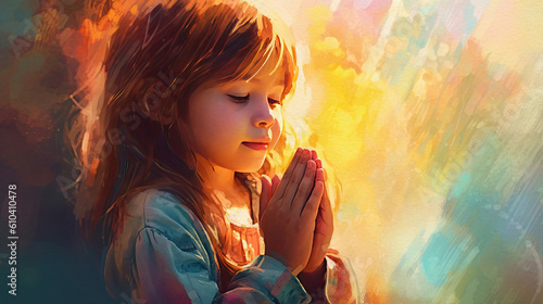Little boy praying to God with hands held together, generative ai