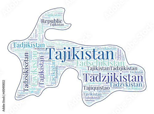 Tajikistan shape filled with country name in many languages. Tajikistan map in word cloud style. Superb vector illustration.