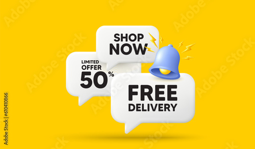 Free delivery tag. 3d offer chat speech bubbles. Shipping and cargo service message. Business order icon. Free delivery speech bubble 3d message. Talk box banner with bell. Vector