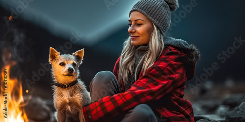 Beautiful smiling woman and her dog are sitting by the campfire in the camp  enjoying outdoor recreation in the forest. Friendship between man and dog  digital ai 