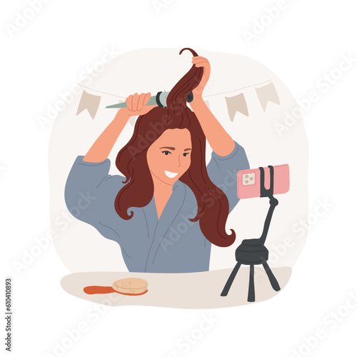 Hairstyle isolated cartoon vector illustration. Pretty teenage girl smiling at camera, holding brush, filming hair styling tips, digital lifestyle, content creation, beauty blog vector cartoon.