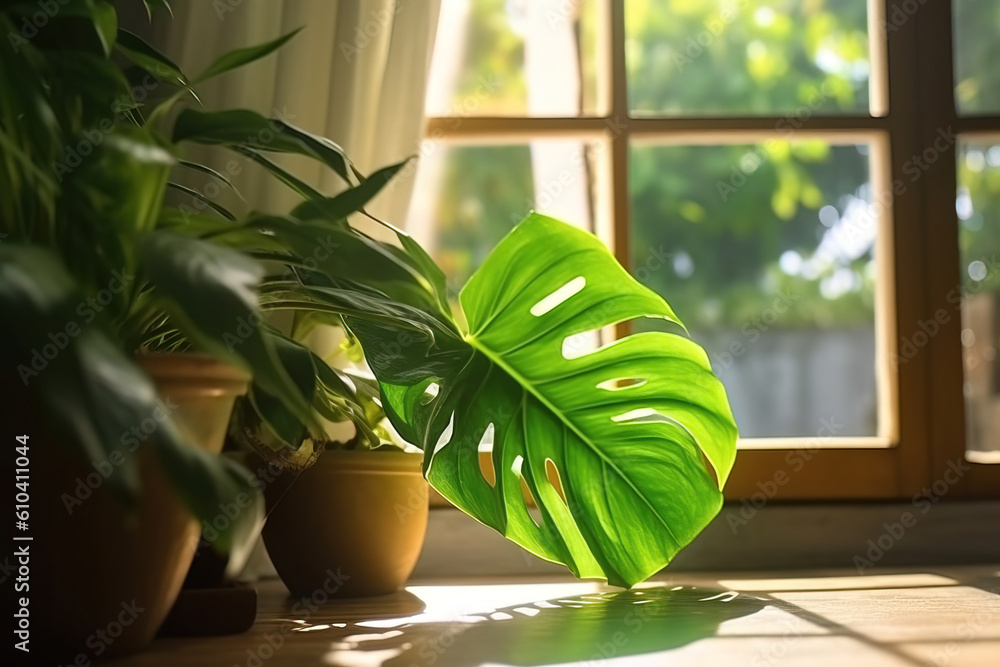 Houseplant monstera in a pot. Generative AI Houseplant monstera in a pot. Generative AI