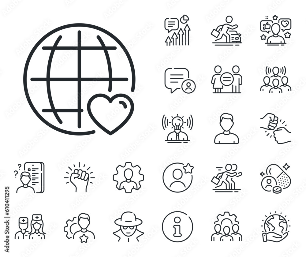 Heart with Globe symbol. Specialist, doctor and job competition outline icons. International Love line icon. Valentines day sign. International Love line sign. Vector Heart with Globe symbol. Specialist, doctor and job competition outline icons. International Love line icon. Valentines day sign. International Love line sign. Vector