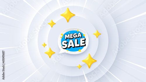 Mega sale bubble. Neumorphic offer 3d banner, coupon. Discount banner shape. Coupon sticker icon. Mega sale promo event background. Sunburst banner, flyer or poster. Vector