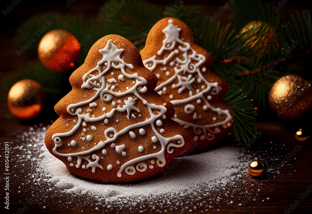 Christmas gingerbread on the background of the Christmas tree. AI Generated Christmas gingerbread on the background of the Christmas tree. AI Generated