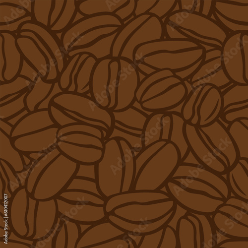 Brown hand drawn vector illustration of group of coffee beans. Seamless pattern