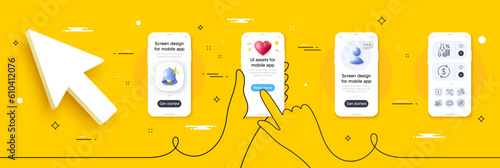 Change money, Corrupt and Coins bag line icons pack. Phone screen mockup with 3d alert bell, health and headshot. Ad, Deflation, Discounts chat web icon. Vector