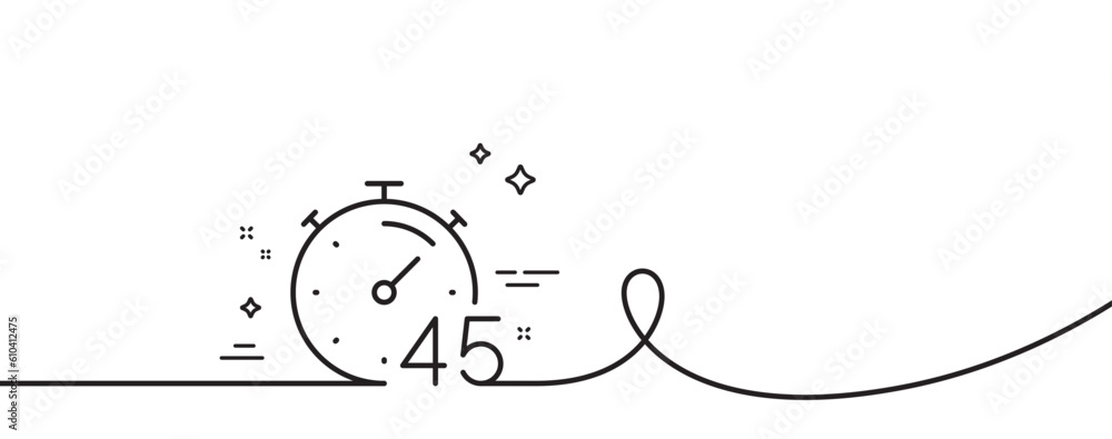 Timer 45 minutes line icon. Continuous one line with curl. Stopwatch time sign. Countdown clock symbol. Timer single outline ribbon. Loop curve pattern. Vector Timer 45 minutes line icon. Continuous one line with curl. Stopwatch time sign. Countdown clock symbol. Timer single outline ribbon. Loop curve pattern. Vector