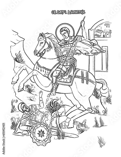 Demetrius of Thessaloniki. Coloring page in Byzantine style on white background