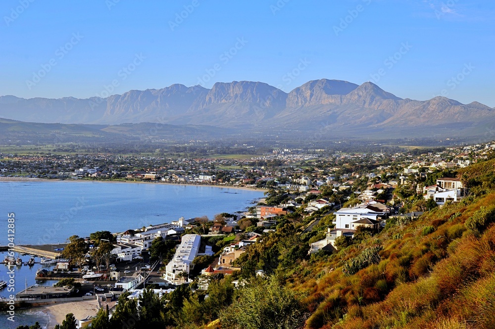 View of the Ocean and harbor in Gordon's Bay, Cape Town, South Africa.