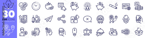 Share, Restaurant food and Change money line icons pack. Scroll down, Food order, Medical vaccination web icon. Saving money, Thoughts, Paper plane pictogram. Chat app, Smoking, Tomato. Vector