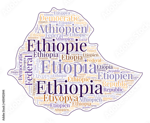 Ethiopia shape filled with country name in many languages. Ethiopia map in word cloud style. Neat vector illustration.