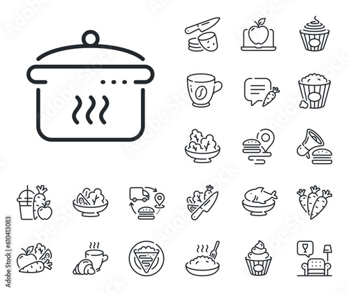 Cooking sign. Crepe, sweet popcorn and salad outline icons. Boiling pan line icon. Food preparation symbol. Boiling pan line sign. Pasta spaghetti, fresh juice icon. Supply chain. Vector