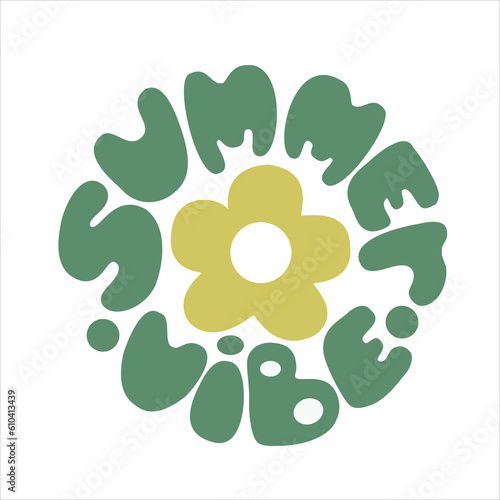 Groovy lettering phrase summer vibe. Color slogan in round shape. Trendy print design for posters, cards, t-shirts.