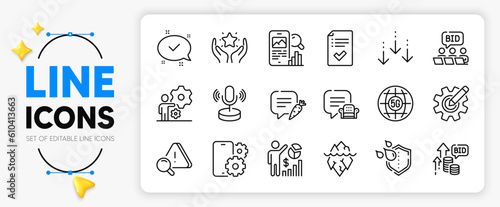 Approved, 5g internet and Microphone line icons set for app include Phone service, Seo statistics, Chat bubble outline thin icon. Lounge place, Approved checklist, Ranking pictogram icon. Vector