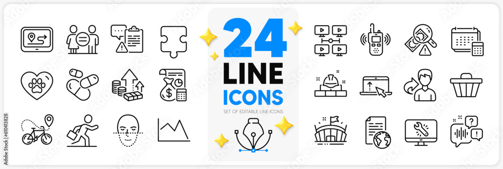 Icons set of Accounting, Fraud and Pets care line icons pack for app with Voicemail, Arena, Internet document thin outline icon. Capsule pill, Equality, Businessman run pictogram. Vector Icons set of Accounting, Fraud and Pets care line icons pack for app with Voicemail, Arena, Internet document thin outline icon. Capsule pill, Equality, Businessman run pictogram. Vector